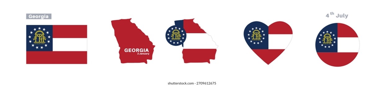 Bandera de Georgia y conjunto de mapas. La bandera estatal estadounidense de Georgia en colores y proporciones oficiales. Celebraciones del 2 de enero, mapas, círculos y el corazón de Georgia.