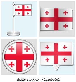 Georgia flag - set of various sticker, button, label and flagstaff