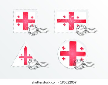 Georgia flag. Stamps with the image of the flag. Stamp with flag. Triangular stamp, stamp rectangular, round stamp, square stamp. Mark in grungy style. Battered mark. Old label.