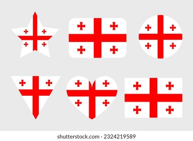 Georgia flag vector icons set in the shape of heart, star, circle and map
