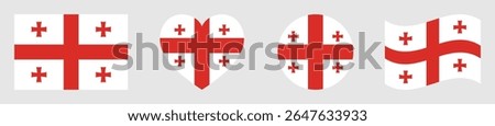 Georgia flags set in square, heart, circle and waving formats designs element. Georgia flags collection. Set of Georgia flags icons isolated on gray background. Vector illustration.