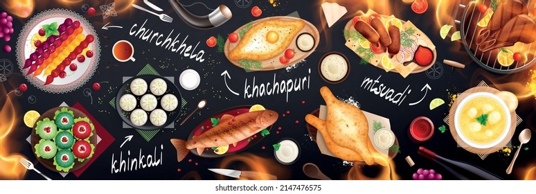 Georgia flat composition with top view of traditional cuisine food served dishes with chalkboard text captions vector illustration