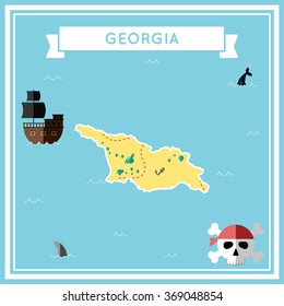 Georgia flat treasure map. Colorful cartoon treasure map of Georgia with flat icons of pirate ship, jolly roger, treasure chest and banner ribbon. Flat design vector illustration.