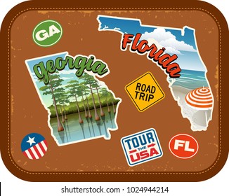 Georgia, Florida, travel stickers with scenic attractions and retro text on vintage suitcase background