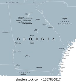 Georgia, GA, gray political map with capital Atlanta and largest cities. State in the southeastern region of the United States of America. Peach State. Empire State of the South.  Illustration. Vector