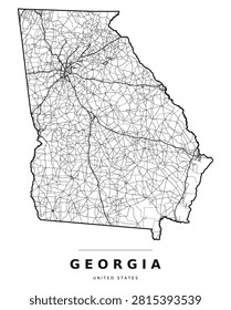 Georgia GA outline map with counties, interstate highways and major roads. Black outlines on a white background, editable vector artwork.
