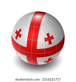 Georgia (GE) (Georgian) National Flag 2.5D Isometric View, Metallic Sphere Ball Globe Design, Flag Symbol Isolated on White Background