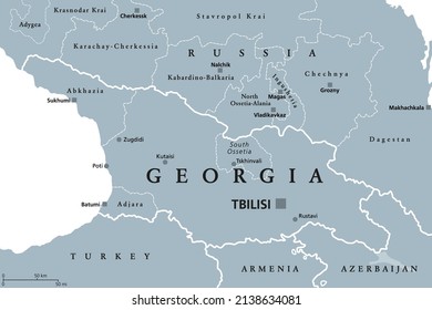 Georgia, gray political map, with capital Tbilisi, and international borders. Republic and transcontinental country in Eurasia, located south of North Caucasus Federal District of Russia. Illustration