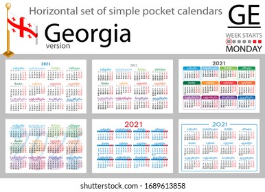 Georgia horizontal set of pocket calendars for 2021 (two thousand twenty one). Week starts Monday. New year. Color simple design. Vector