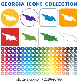 Georgia icons collection. Bright colourful trendy map icons. Modern Georgia badge with country map. Vector illustration.