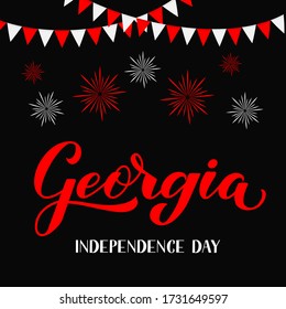 Georgia Independence day calligraphy hand lettering with flags and fireworks. Vector template for typography poster, greeting card, banner, flyer, sticker, t-shirt. 