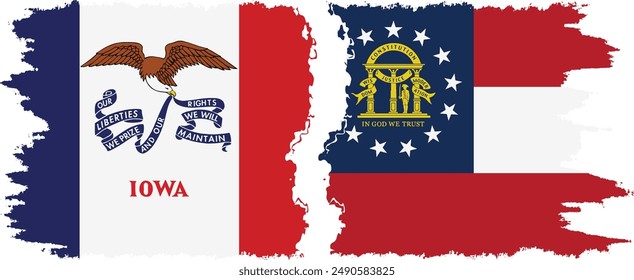 Georgia and Iowa states grunge brush flags connection, vector