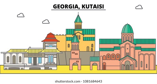 Georgia, Kutaisi. City skyline, architecture, buildings, streets, silhouette, landscape, panorama, landmarks. Editable strokes. Flat design line vector illustration concept. Isolated icons