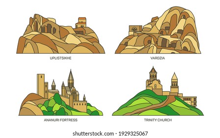 Georgia landmarks, travel places and tourist sightseeing , vector flat old cities. Eurasia Caucasus landmarks and Georgia famous Trinity church and Ananuri fortress, Uplistsikhe and Vardiza rock town