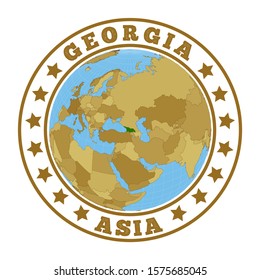 Georgia logo. Round badge of country with map of Georgia in world context. Country sticker stamp with globe map and round text. Vector illustration.