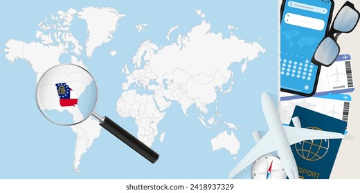 Georgia is magnified over a World Map, illustration with airplane, passport, boarding pass, compass and eyeglasses. Vector illustration.