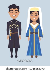 Georgia man and woman that are dressed in traditional costumes, smiling couple, title sample placed below on vector illustration blue