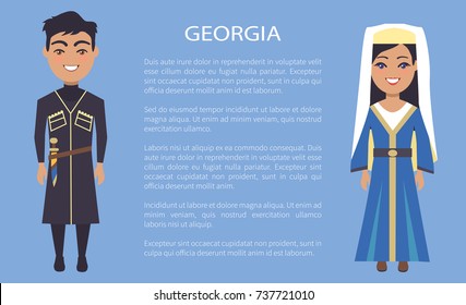 Georgia man and woman that are dressed in traditional costumes, smiling couple, vector international day poster ethnic people with text, native georgians