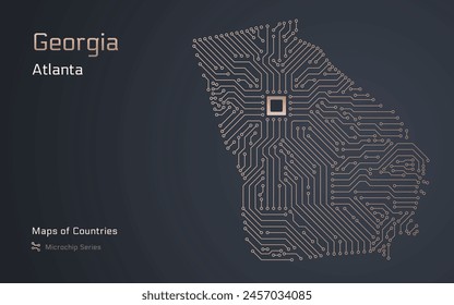 Georgia Map with a capital of Atlanta Shown in a Microchip Pattern. E-government. TSMC. American states vector maps. Microchip Series