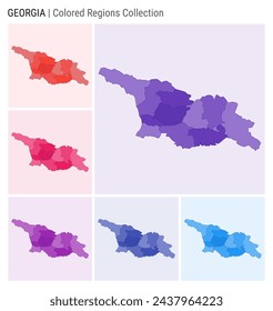 Georgia map collection. Country shape with colored regions. Deep Purple, Red, Pink, Purple, Indigo, Blue color palettes. Border of Georgia with provinces for your infographic. Vector illustration.