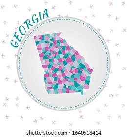 Georgia map design. Map of the US state with regions in emerald-amethyst color palette. Rounded travel to Georgia poster with US state name and airplanes background. Creative vector illustration.