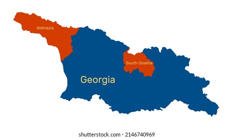 Georgia map. Detailed blue silhouette. Regions of South Ossetia and Abkhazia uncontrolled by the government are shown in red. All isolated on white background. Template for design.