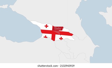 Georgia map highlighted in Georgia flag colors and pin of country capital Tbilisi, map with neighboring European countries.