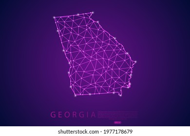Georgia Map mash line and point scales on purple technology background. Wire Frame 3D mesh polygonal network line, design sphere, dot and structure -  Vector illustration eps 10