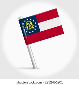 Icono de la bandera del pin del mapa de Georgia. Marcador de mapa de pendiente sobre una aguja de metal. Ilustración vectorial 3D realista.