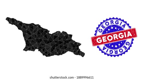 Georgia map polygonal mesh with filled triangles, and rough bicolor stamp print. Triangle mosaic Georgia map with mesh vector model, triangles have randomized sizes, and positions, and color tinges.