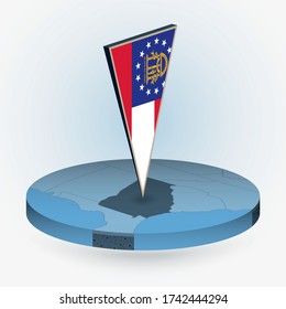 Georgia map in round isometric style with triangular 3D flag of US State Georgia, vector map in blue color.