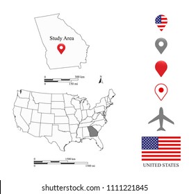 Georgia map scale. USA map scale miles and kilometers. United States map vector outline. USA flag and navigation pointer icons. A creative map for educational purposes