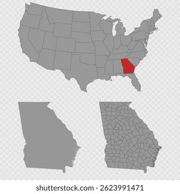 Georgia map set with USA location, clean outline, and full county breakdown.