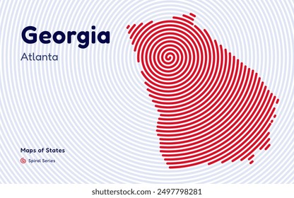 Georgia Map in Spiral Formation:  Atlanta Takes Center Stage. Fingerprint and stripes pattern. American states maps.