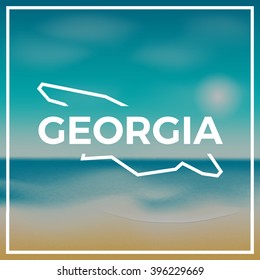 Georgia map summer poster. Georgia map against the backdrop of beach and tropical sea with bright sun. Modern stylish Georgia map design. Vector illustration.
