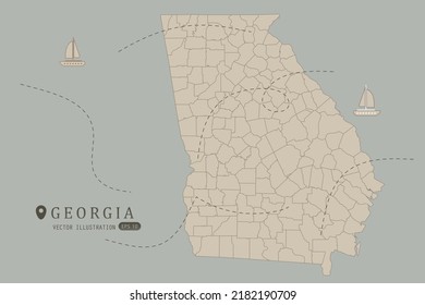 Georgia Map - USA, United States Map vector template High detailed with brown color isolated on grey background including simple point of location, wind, boat icon - Vector illustration eps 10