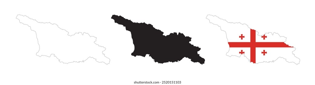 Georgia map in various style outline, icon, black color, border, flag colors. Europe country icons collection. Vector illustration