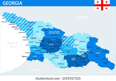 Georgia Map Vector Blue Spot - Customizable layered political map of Georgia with administrative divisions for website, education, reports, news, politics, print, poster and wallpaper