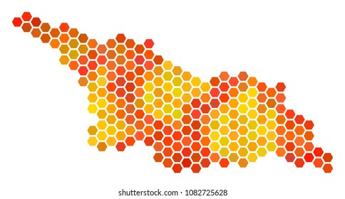 Georgia map. Vector hexagon territory scheme drawn with flame color shades. Impressive Georgia map composition is formed of fire hexagon pixels.
