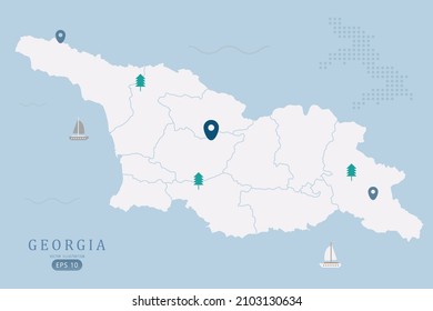 Georgia Map - World Map International vector template High detailed with white color isolated on blue background including simple point of location, tree, boat icon - Vector illustration eps 10