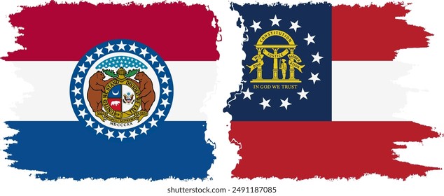 Georgia and Missouri states grunge brush flags connection, vector