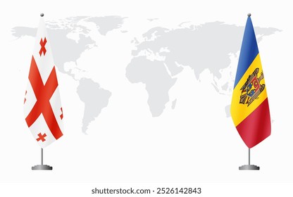 Georgia and Moldova flags for official meeting against background of world map.