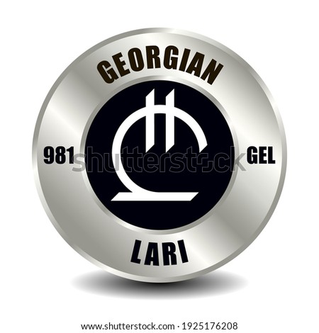 Georgia money icon isolated on round silver coin. Vector sign of currency symbol with international ISO code and abbreviation