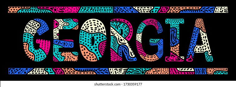 Georgia. Multicolor doodle isolate contrast inscription. Patterned curves crooked letters. US state Georgia for print, clothing, t-shirt, souvenir, banner, advertising. Stock vector picture.
