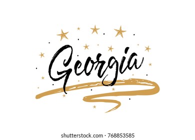 Georgia. Name country word text card, banner script. Beautiful typography inscription greeting calligraphy poster black, gold ribbon, star. Handwritten design modern brush lettering isolated vector