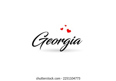 Georgia nombra la palabra país con tres corazones de amor rojos. Diseño del logotipo del icono de tipografía creativa