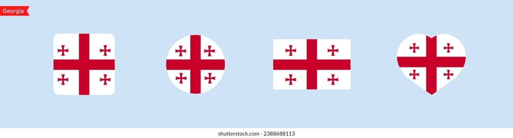 Georgia national flag. Georgia flag icons for UI design. Isolated flag symbols in the shape of a square, circle, heart. Vector icons