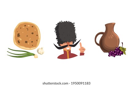 Georgia National Symbols with Jug with Grape Wine, Headdress and Cuisine View Vector Set