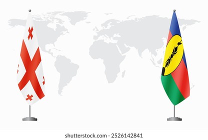 Banderas de Georgia y Nueva Caledonia para reunión oficial con antecedentes del mapa mundial.