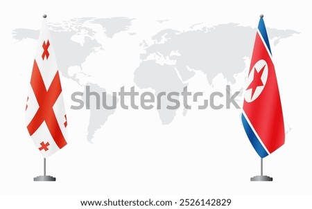 Georgia and North Korea flags for official meeting against background of world map.